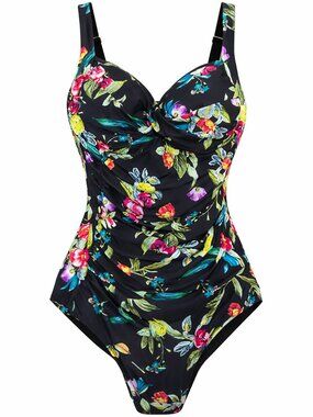 Swimsuits For All Floral Tummy Control One-Piece Black Ruched Plus Size 18